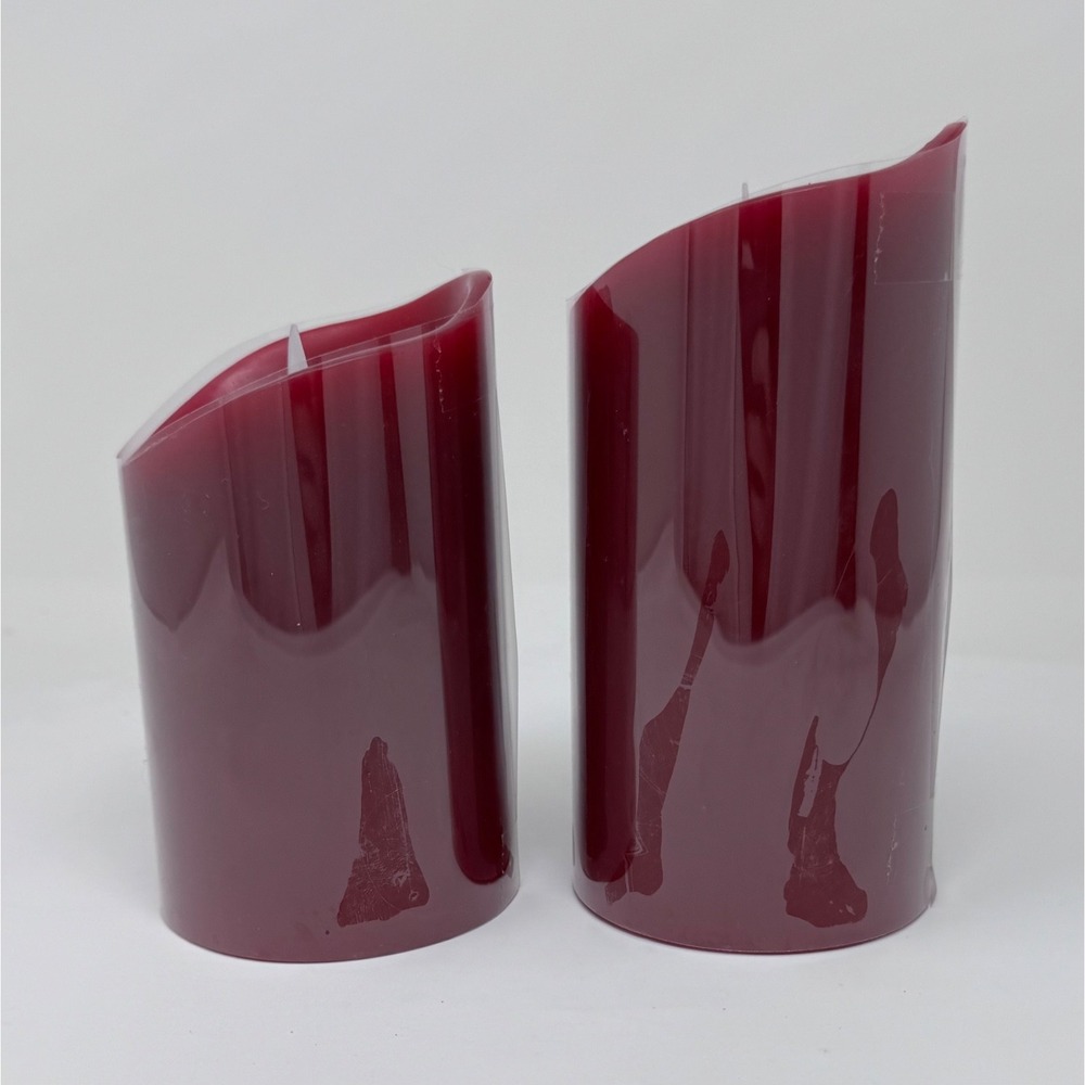Set of 2 Flameless Flicker LED Pillar Wax Candles with Remote 5" 6" Burgundy Red - Picture 5 of 16